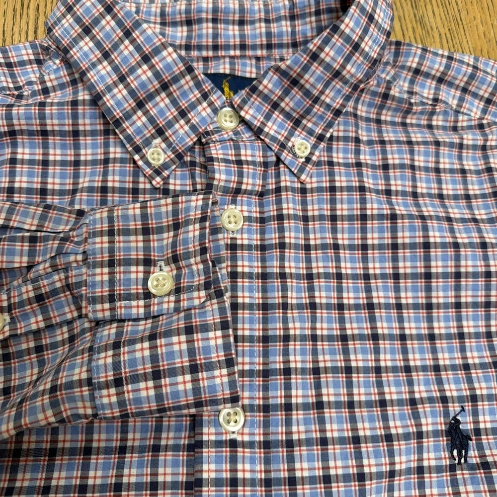Ralph Lauren Boys XL 18-20 Plaid Button Down Shirt Natural Stretch Blue Red